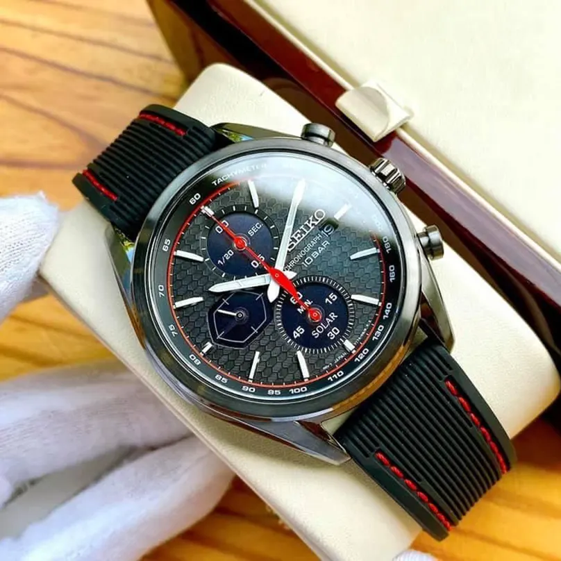 Seiko Solar Black Dial Black Silicone Men's Watch- SSC777P1