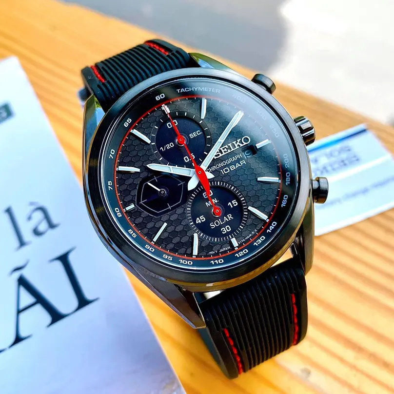 Seiko Solar Black Dial Black Silicone Men's Watch- SSC777P1